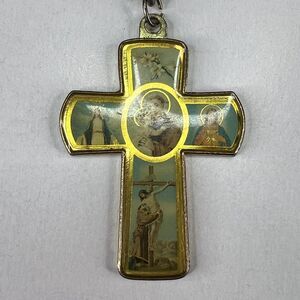 Catholic Images Gold Color Cross with Enamel Vintage Keychain Keyring